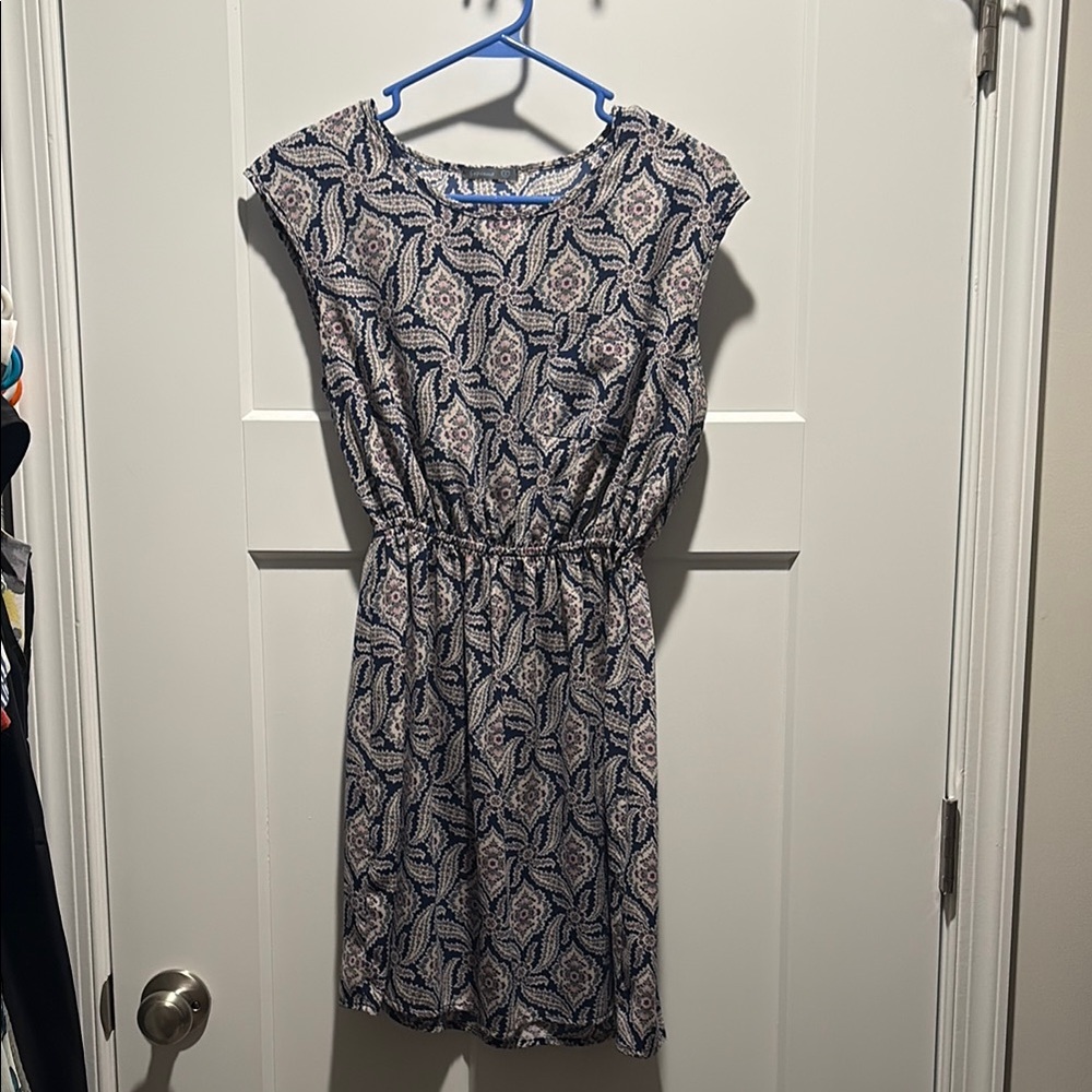 Casual Navy and Cream Paisley Elastic-Waist Dress